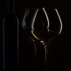 Elegant silhouette of wine glasses with a bottle in moody lighting, perfect for a classy atmosphere.